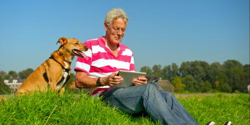 Älterer Herr auf einer Wiese mit Tablet und Hund