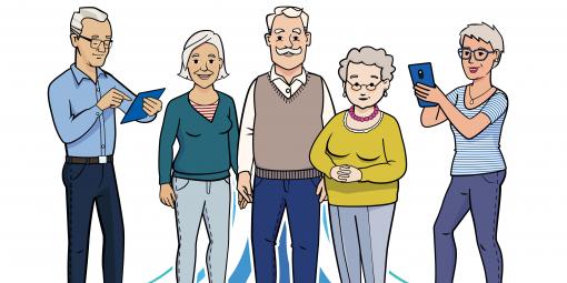 Fünf gezeichnete Figuren als eine Gruppe von älteren Menschen, zusammenstehend. Eine männliche Figur links hält ein Tablet in den Händen, eine weibliche Figur rechts ein Smartphone.