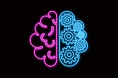 Zwei stilisierte Gehirnhälften, wobei die eine wie ein Gehirn, die andere wie eine Mechanik mit Zahnrädern aussieht.