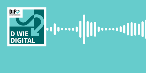 Logos des Podcasts "Di wie Digital" und Grafik einer Tonspur.