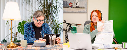 eine Seniorin sitzt in ihrem Wohnzimmer am Tablet und macht einen Videocall mit einer Studentin, die ebenfalls bei sich zu Hause sitzt. 