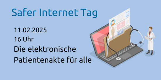 Illustration eines Computers aus dem eine Patientenakte ragt 