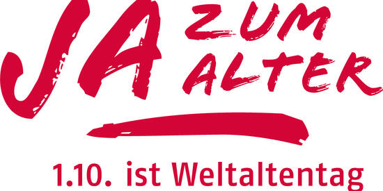 Rote Schrift auf weißem Hintergrund: Ja zum Alter. Unter einem dicken runten Strich: 1.10. ist Weltaltentag.