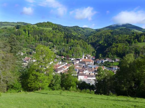 Blick auf den Ort Zell von einem Berg, Vogelperspektive auf die Region des Standortes 