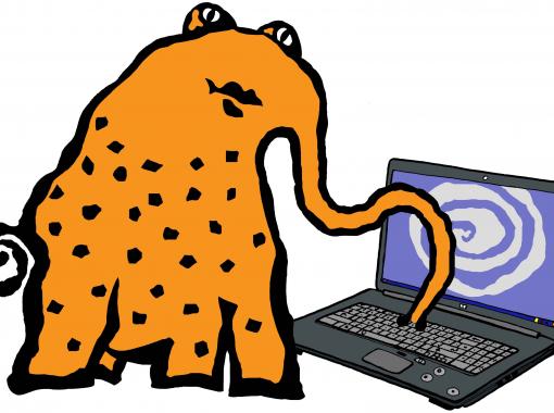 Zeichnung: Elefantenähnliches Wesen arbeitet mit Rüssel an einem Notebook