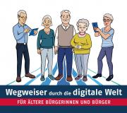 Fünf gezeichnete Figuren als eine Gruppe von älteren Menschen, zusammenstehend. Eine männliche Figur links hält ein Tablet in den Händen, eine weibliche Figur rechts ein Smartphone.