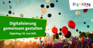 Feld mit Luftballons und Schriftzug Digitalisierung gemeinsam gestalten 