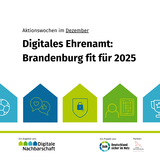Grafik mit Schfrit und Stilisierten Häuschen. "Digitales Ehrenamt: Brandenburg fit für 2025" ist zu lesen