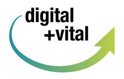 Logo des Projektes Digital+Vital. Oberhalb "digital+vital", darunter Pfeil mit rundem Bogen, Pfeilspitze rechts.