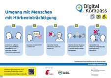 Plakat Umgang mit Menschen mit Hörbeeinträchtigung: 5 Situationen werden stilisiert dargestellt