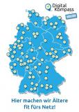 Deutschlandkarte mit den Digital-Kompass-Standorten und dem Text: Hier machen wie Ältere fit fürs Netz!