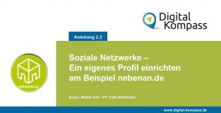 Titelblatt der Anleitung 2.2 "Soziale Netzwerke –  Ein eigenes Profil einrichten am Beispiel nebenan.de"