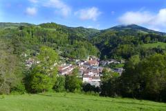 Blick auf den Ort Zell von einem Berg, Vogelperspektive auf die Region des Standortes 