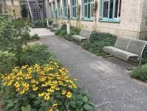 bepflanzter Eingangsbereich mit Sitzgelegenheiten und Blick in den Garten 