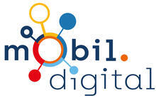 Logo von mobil.digital: vom O von mobil gehen strahlenförmig weitere Punkte aus.