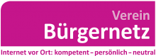 Logo des Vereins Bürgernetz e.V., weiße Schrift auf pinkem Untergrund