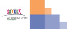 Logo Hamm-Westen mit dem Schriftzug Wir sind auf Draht und mit 6 bunte Figuren, die daraufstehen.