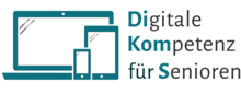 Logo der Initiative "Digitale Kompetenzen für Senioren": Ein Laptop, Tablet und Smartphone und daneben der Name der Initiative 