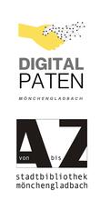 Logo der Digitalpaten. Zwei Hände, die sich schütteln. Darunter die Aufschrift: Digitalpaten Mönchengladbach; darunter das Logo der Bibliothek Mönchengladbach