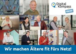 Fotocollage mit Aufnahmen der Akteure Digital-Kompass-Standorten und dem Text: Wir machen Ältere fit für das Netz!