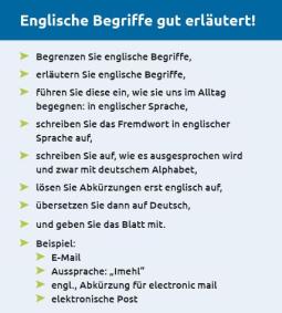 Die Rückseite der Notiz "Englisch auf Deutsch" mit einem Beispiel