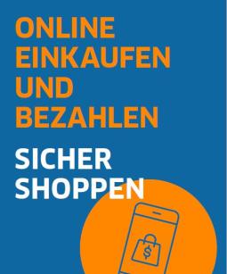 Titelblatt des Ratgebers "Online einkaufen und bezahlen - Sicher shoppen: U.a. Zeichnung von einem Smartphone mit einem Schloss