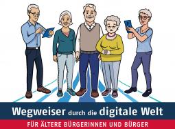 5 gezeichnete Figuren als eine Gruppe von älteren Menschen, zusammenstehend. Eine männliche Figur links hält ein Tablet in den Händen, eine weibliche Figur rechts ein Smartphone.