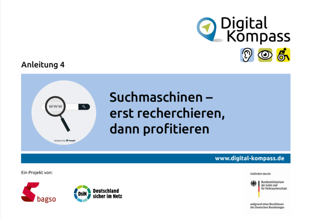Titelblatt der Anleitung 4: Suchmaschinen - erst recherchieren, dann profitieren. Links neben dem Titel ist ein Lupe über einer Sucheingabe abgebildet.
