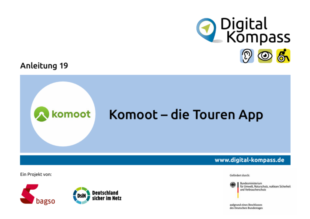 Titelblatt der Anleitung 19: Komoot – die Touren App. Neben dem Titel ist das Logo von Komoot abgebildet.