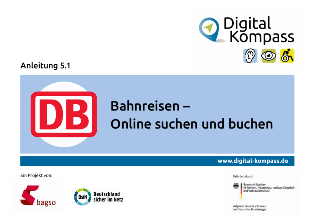 Titelbild der Anleitung 5.1: Bahnreisen - Online suchen und buchen. Neben dem Titel ist das Deutsche Bahn-Logo abgebildet.