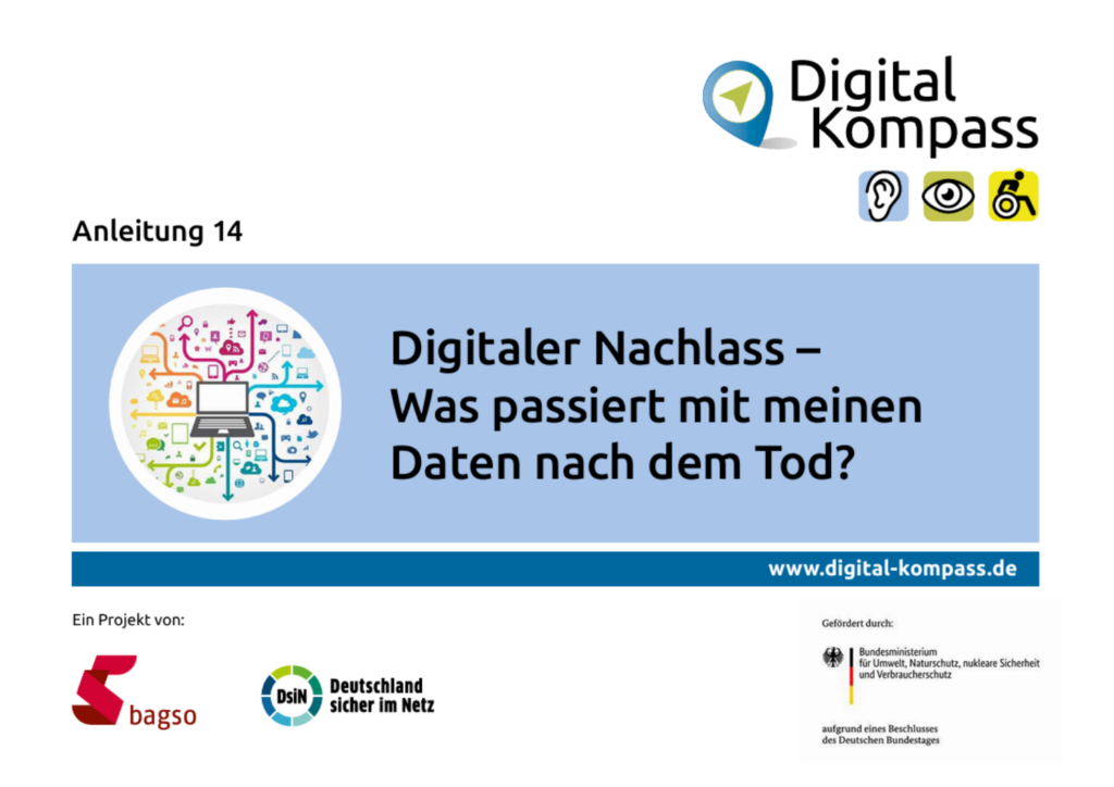Titelbild der Anleitung 14: Digitaler Nachlass – Was passiert mit meinen Daten nach dem Tod? Neben dem Titel ist eine Grafik mit Laptop in der Mitte abgebildet, umgeben von bunten Symbolen und Pfeilen, die verschiedene digitale Dienste, Geräte und Daten miteinander verbinden.