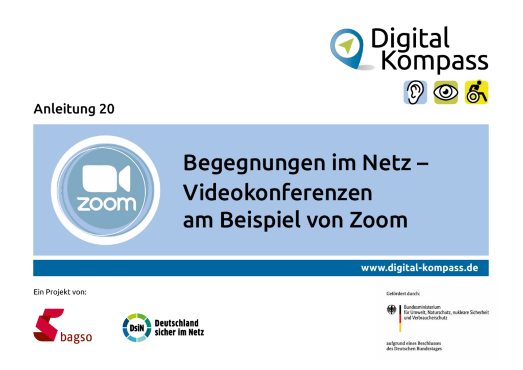 Titelbild der Anleitung 20: Begegnungen im Netz - Videokonferenzen am Beispiel von Zoom. Neben dem Titel ist das Zoom-Logo abgebildet.