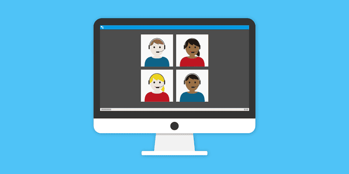 Illustration einer Videokonferenz. Darstellung eines Monitors. Darin vier Kacheln mit jeweils einer Person. Alle tragen Kopfhörer.